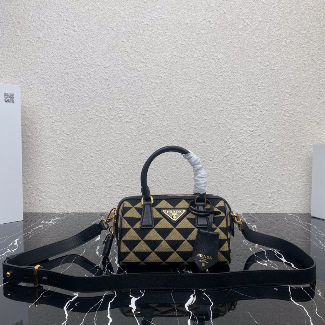 Prada Symbole Embroidered Fabric Top Handle Shoulder Bag Black/Beige 1BB846